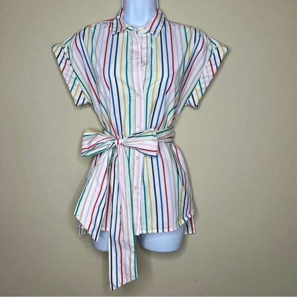 J CREW Button-Front Tie-Waist Top in Rainbow Mini Stripe Poplin - L6710 - Sz XS - Picture 3 of 11